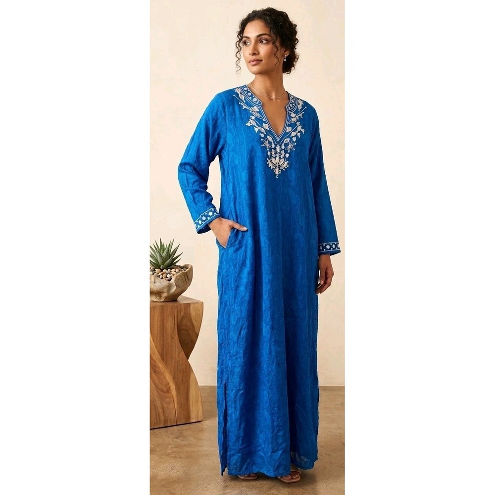 La Cera Maxi Dress Womens 1X Blue Caftan Mumu V-Neck Bohemian Hippie